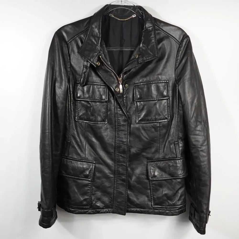 Longhi Black Leather Collared Cargo Utility Moto Biker Jacket Men's 46 Small